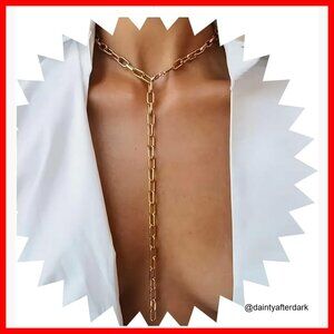 Gold Alloy Y Lariat Necklace Paperclip Chain Choker Adjustable Link